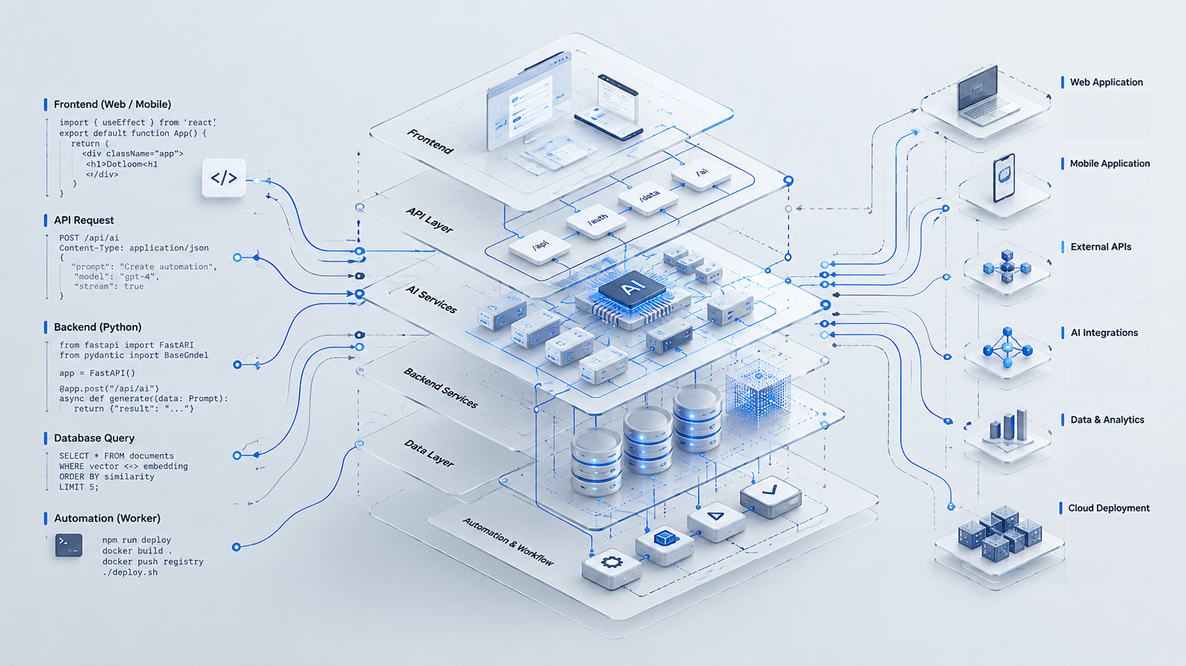 Distributed software services connected by AI agent routes, vector retrieval paths and observability traces